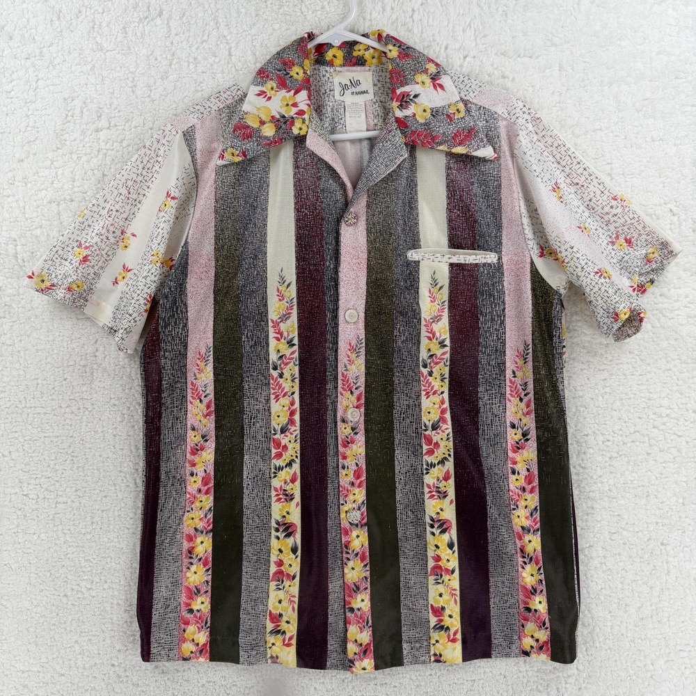 Vintage Ja Na Hawaii Shirt Mens Medium Floral‎ Striped Aloha Disco Polyester